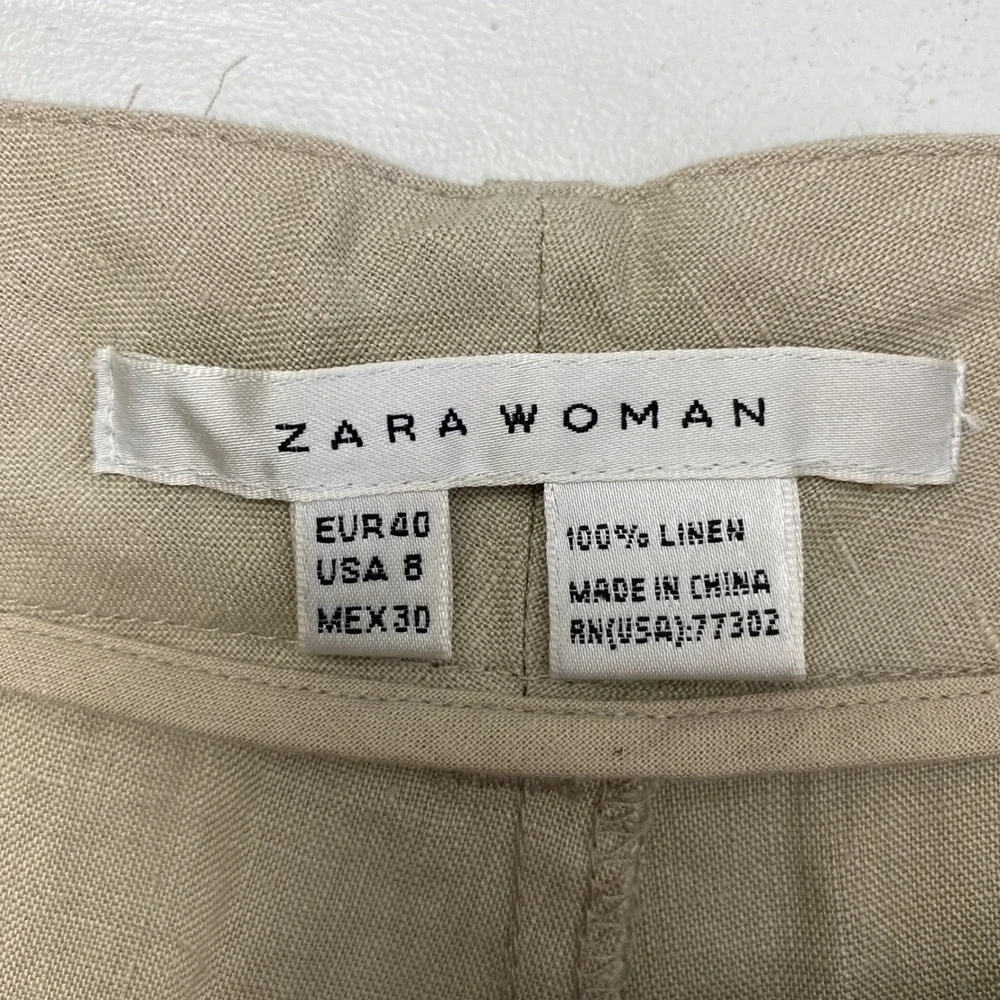 Zara Woman 100% Linen Wide Leg Trousers Pants Tan Beige Size 8 Minimalist Boho